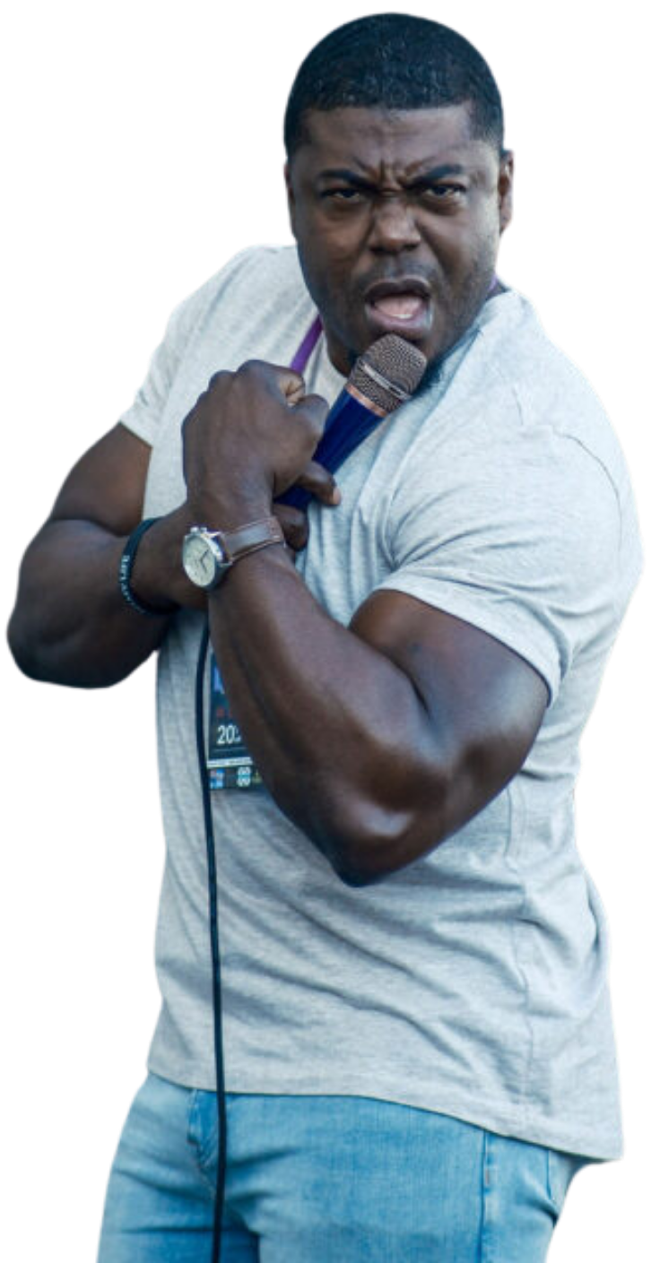 Comedian performing with a microphone