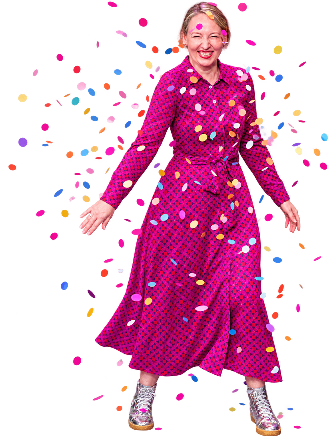 Shannan Calcutt in a magenta dress as confetti falls