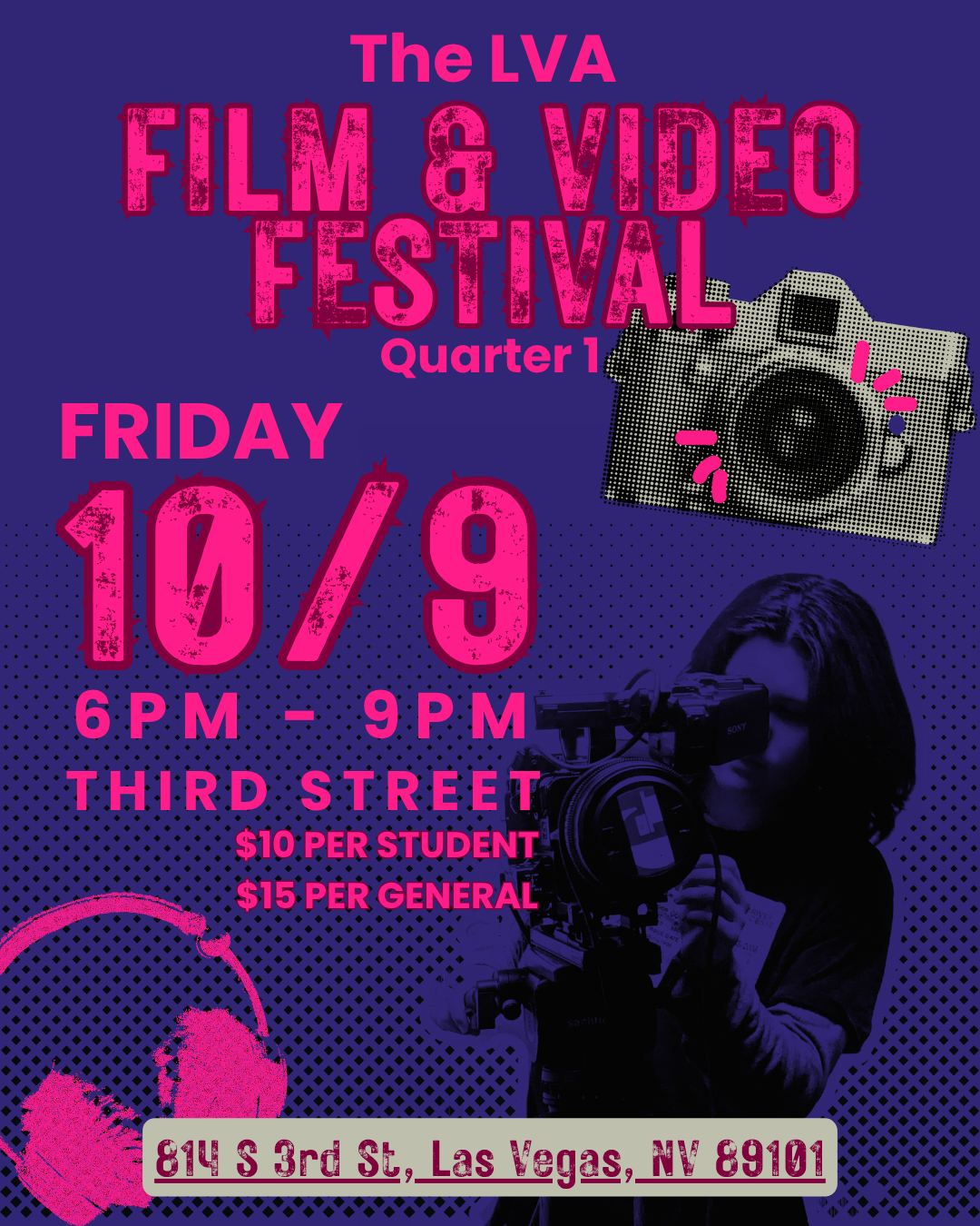The LVA Film & Video Festival Quarter 1 flyer: Friday 10/9, 6–9 PM at THIRD Street, $10 students, $15 general