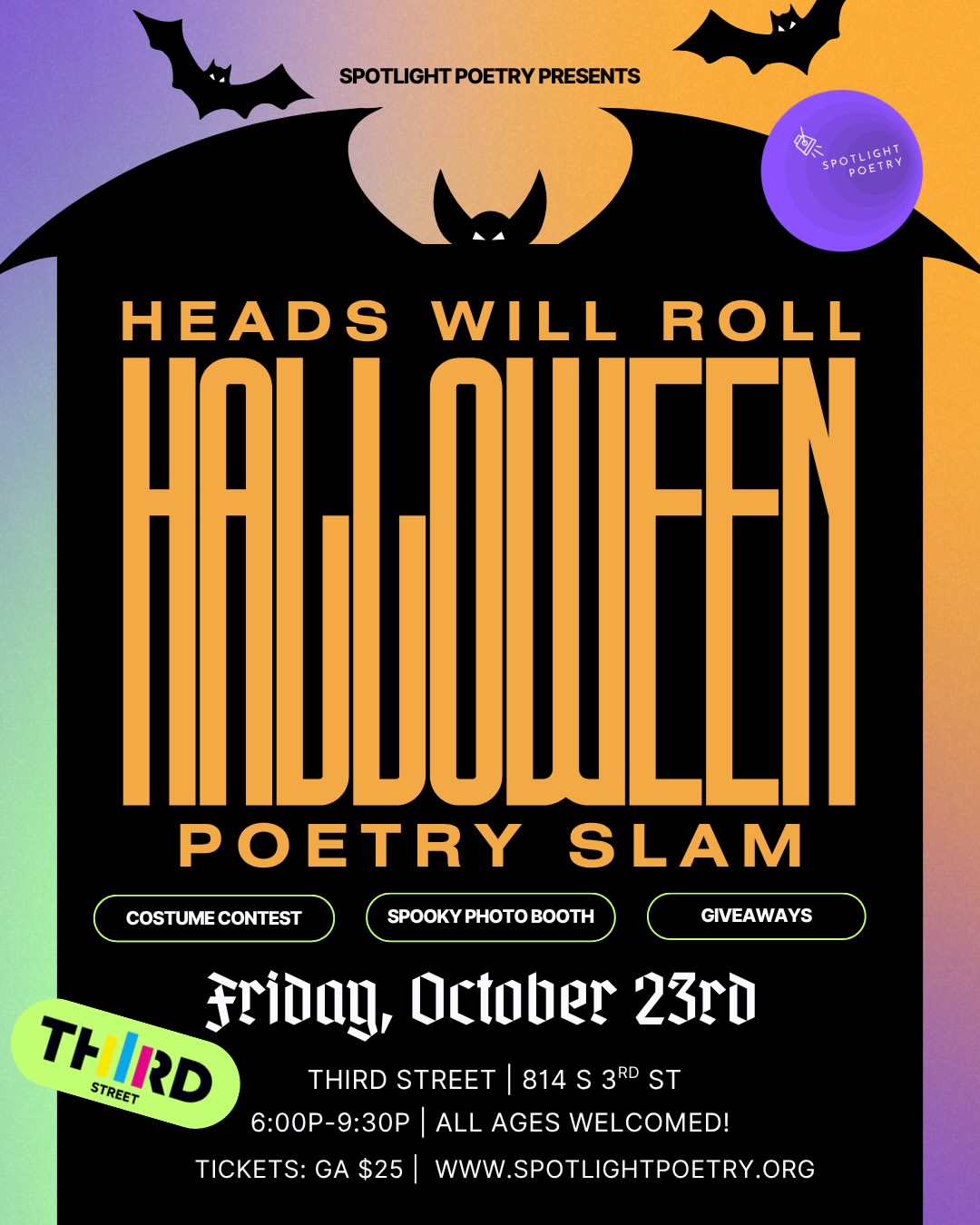 Heads Will Roll Halloween poetry slam flyer for the Spotlight Poetry event at THIRD Street in Las Vegas