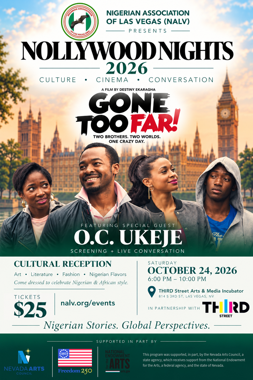 Nollywood Nights 2026 poster: the cast of Gone Too Far! in London, with O.C. Ukeje, for the Las Vegas screening and live conversation.